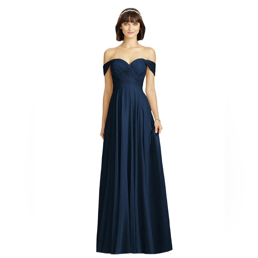 DESSY COLLECTION Midnight Navy Off-the-Shoulder Draped Chiffon Maxi Dress-Size 6